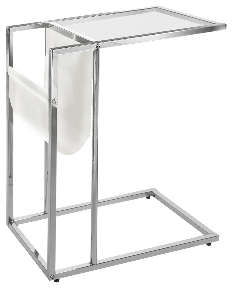 HomeRoots 19.5" x 12" x 24" Chrome Tempered Glass Leather Look Accent Table