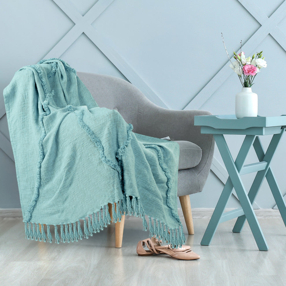 Bohemian Basics Decorative Diamond Tufted Cotton Throw Blanket, Aqua Sky Blue