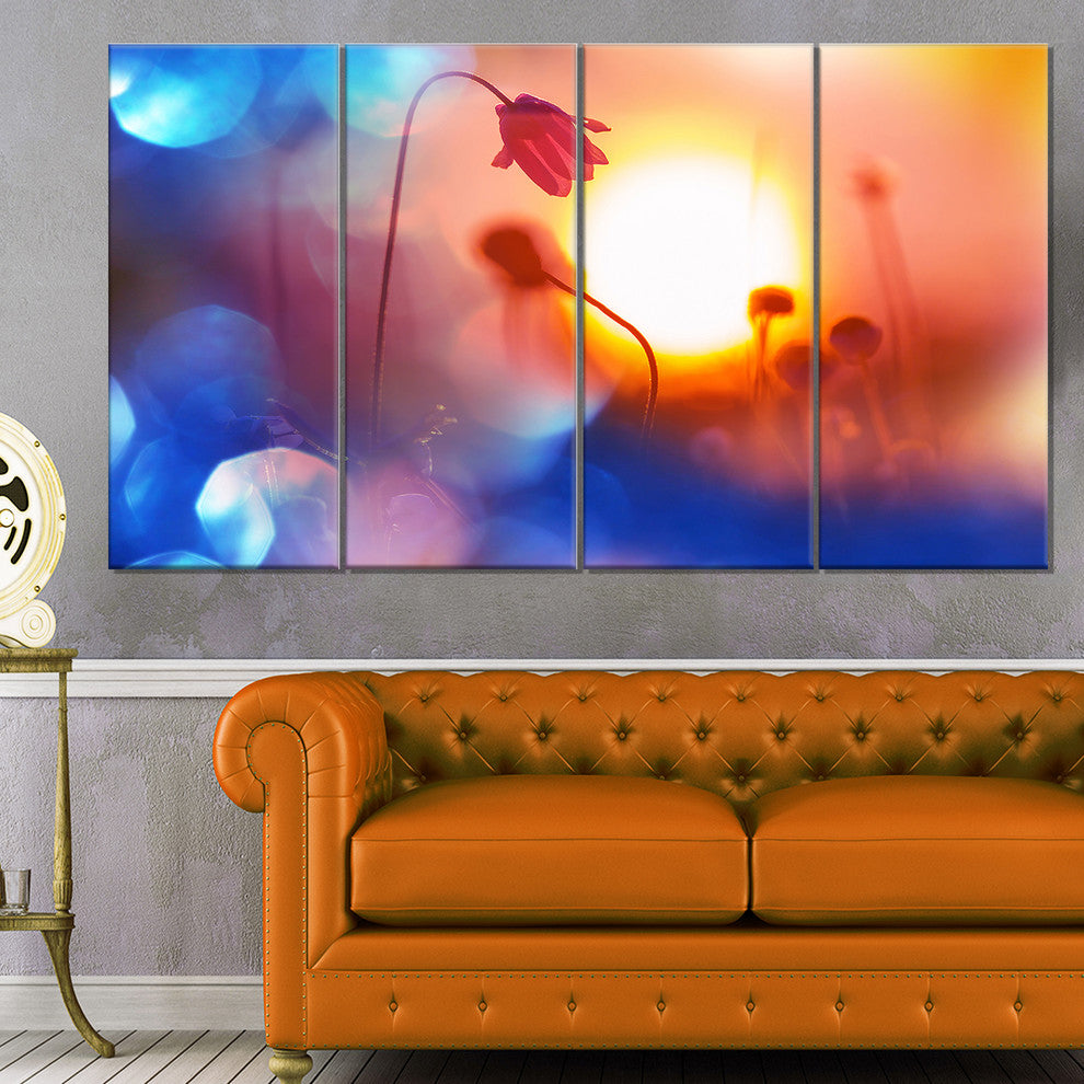 Beautiful Blurred Flowers At Sunset, Floral Canvas Art Print, 48"x28", 4 Panels