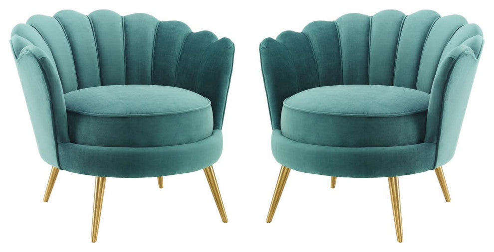 Armchair Accent Chair, Set of 2, Velvet, Metal, Teal Blue, Modern, Lounge