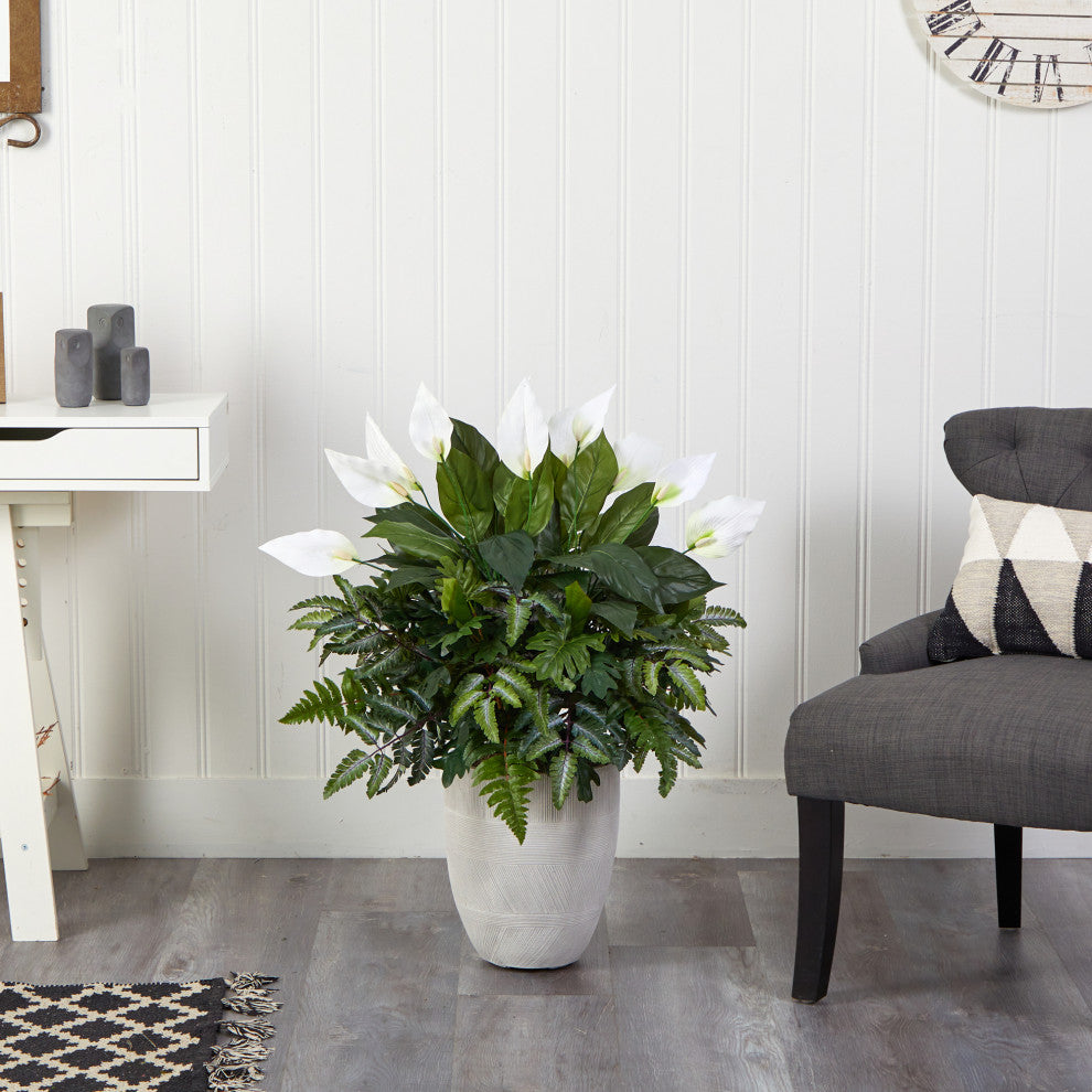 34" Mixed Spathiphyllum Artificial Plant, White Planter