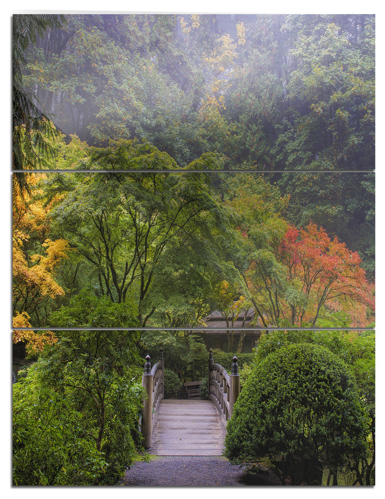 "Foggy Dawn in Japanese Garden" Photo Metal Wall Art, 3 Panels, 28"x36"