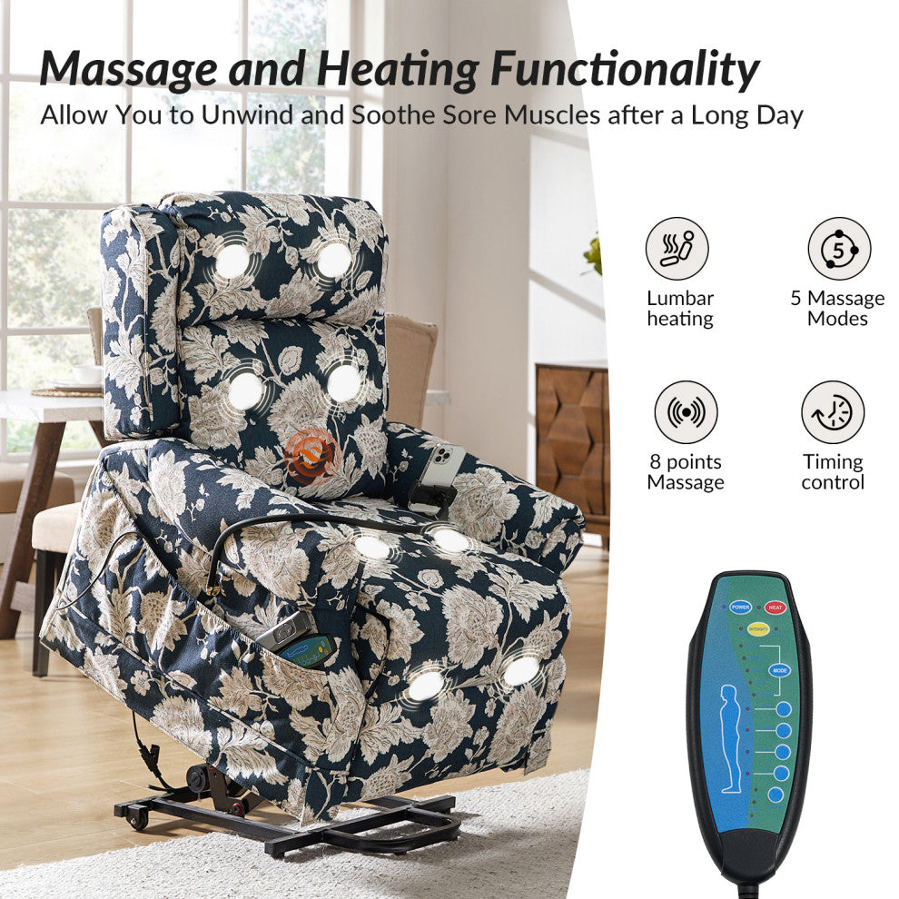 Lift Assist Power Recliner With Massage Heat And Manual Headrest, Navy