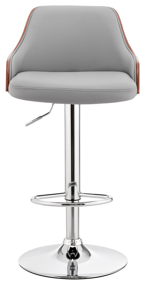 Asher Adjustable Faux Leather and Metal Bar Stool, Gray and Chrome