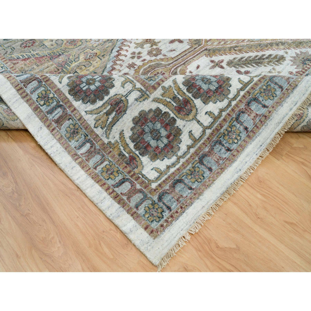 Smoky White Hand Knotted Unique Flower Rosettes Border Square Rug 13'11"x13'11"