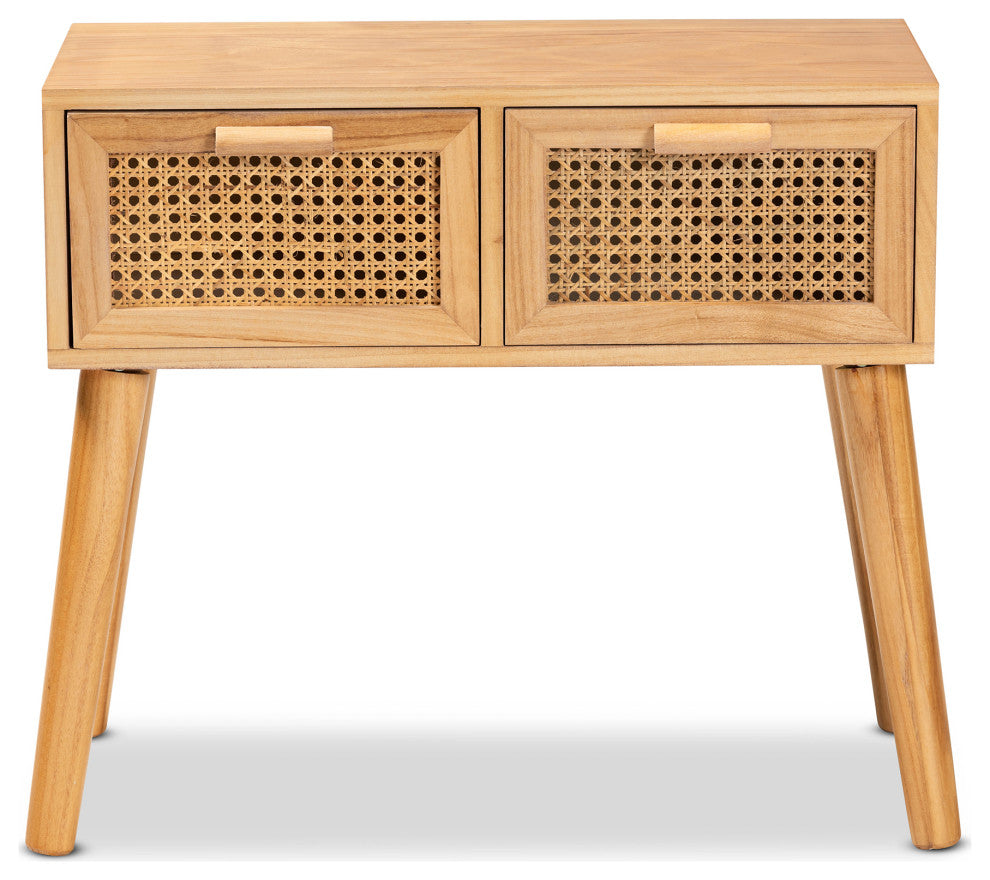 Saffi Mid-Century Oak Brown Wood 2-Drawer Console Table With Rattan