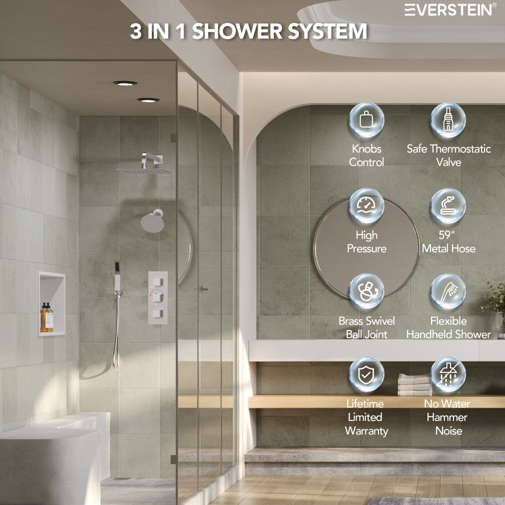 Full-Body Shower System with Thermostatic Valve "“ Dual Showerheads & Handheld, Brushed Nickel