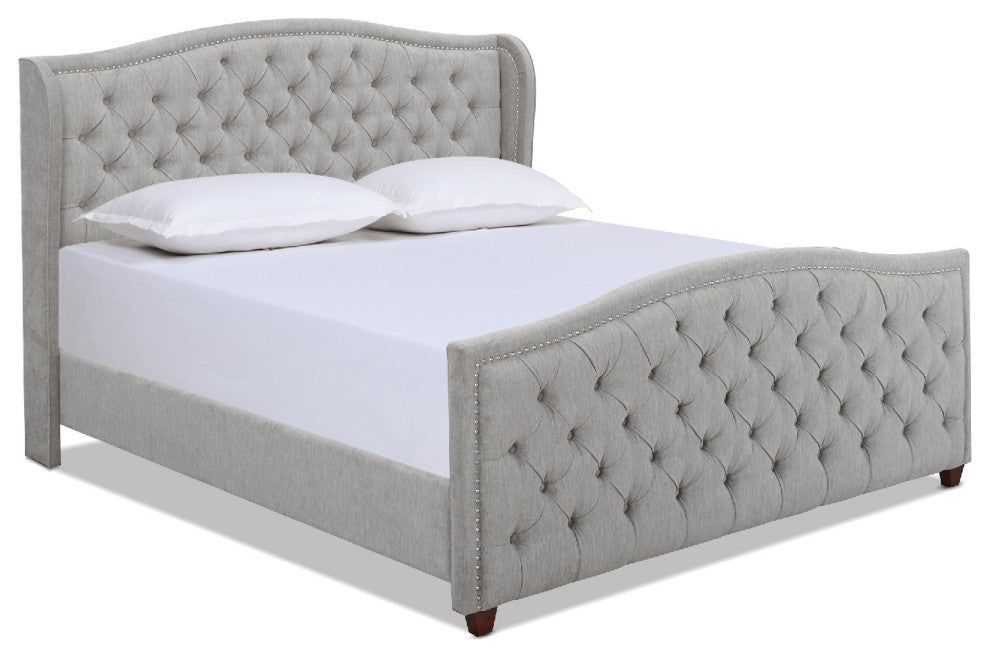 Marcella Upholstered Tufted Shelter Wingback Panel Bed, Silver Grey Polyester, King