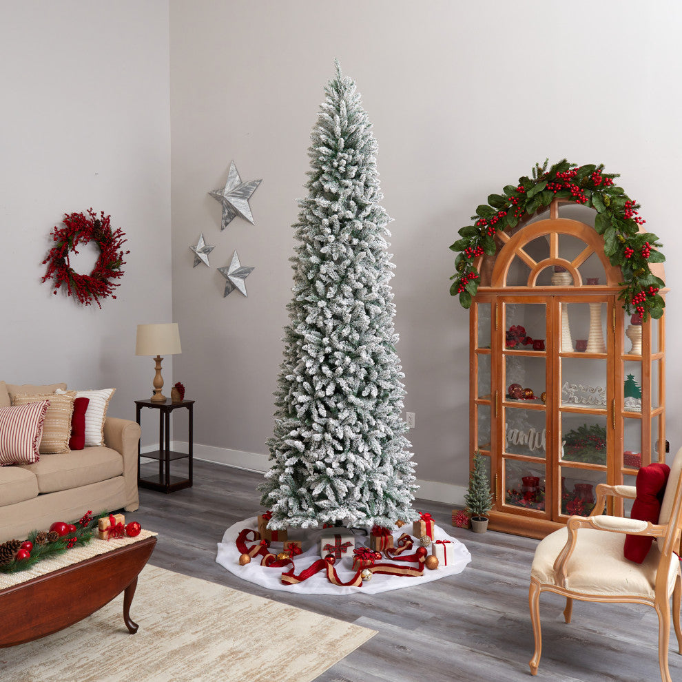 10' Slim Flocked Montreal Fir Artificial Christmas Tree, 800 White LED Lights