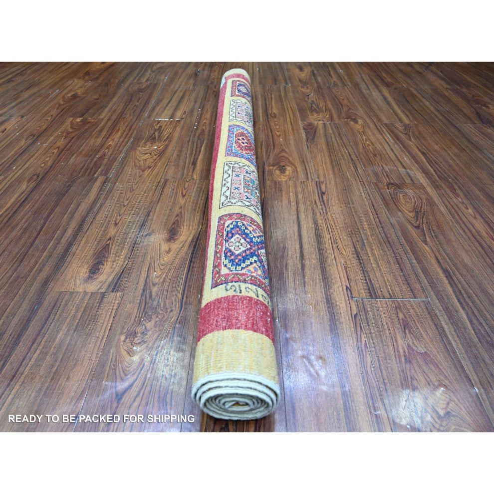 Ochre Brown Wool Afghan Super Kazak Garden Design Hand Knotted Rug, 4'10"x6'3"