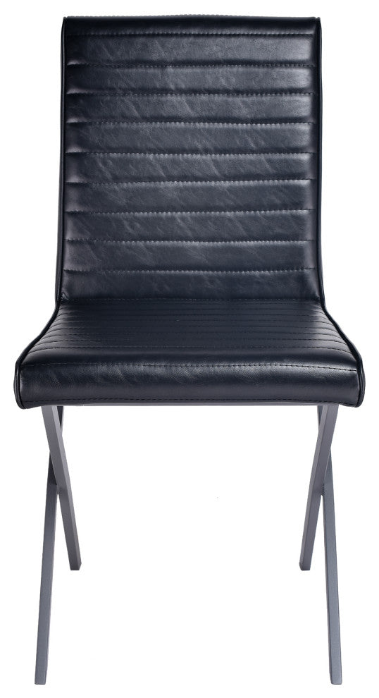 Dining Chair In Gray Powder Coated Finish And Black Faux Leather, Set of 2