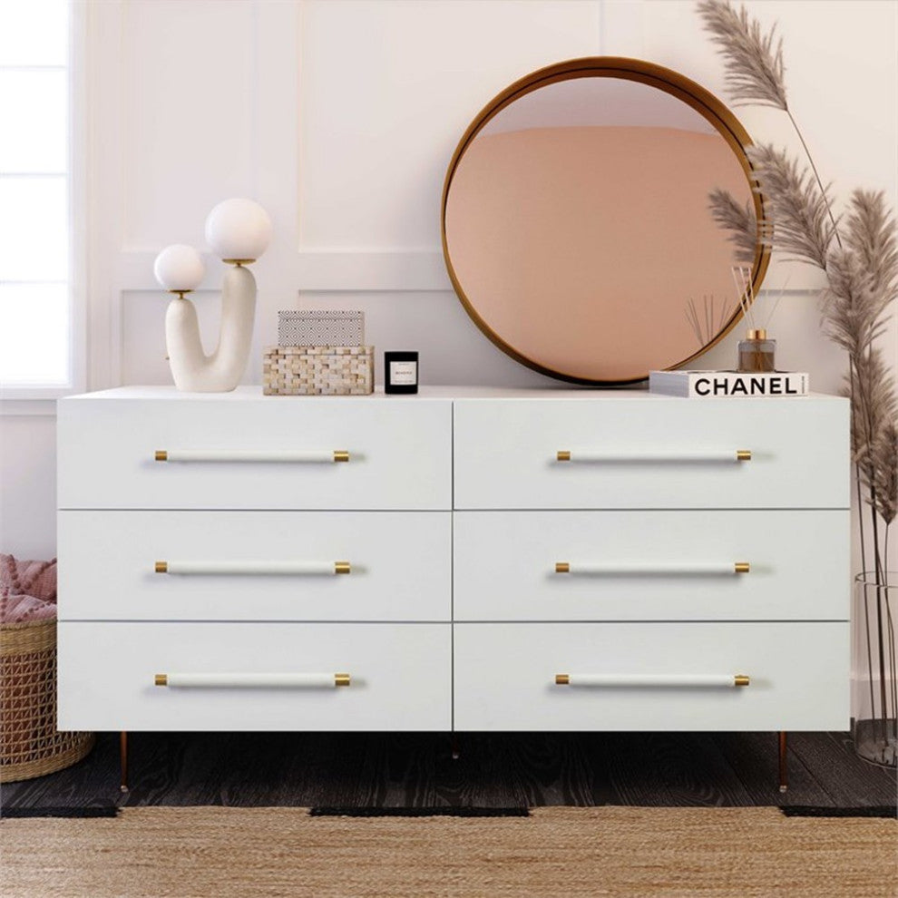 TOV Furniture Trident 32"H 6-Drawer Modern Wood/Iron Dresser in White/Gold