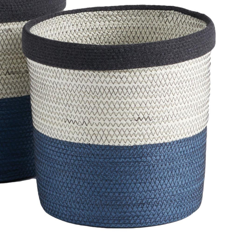 Set of 2 Coastal Casual Natural White Blue Woven Stripe Storage Baskets Round