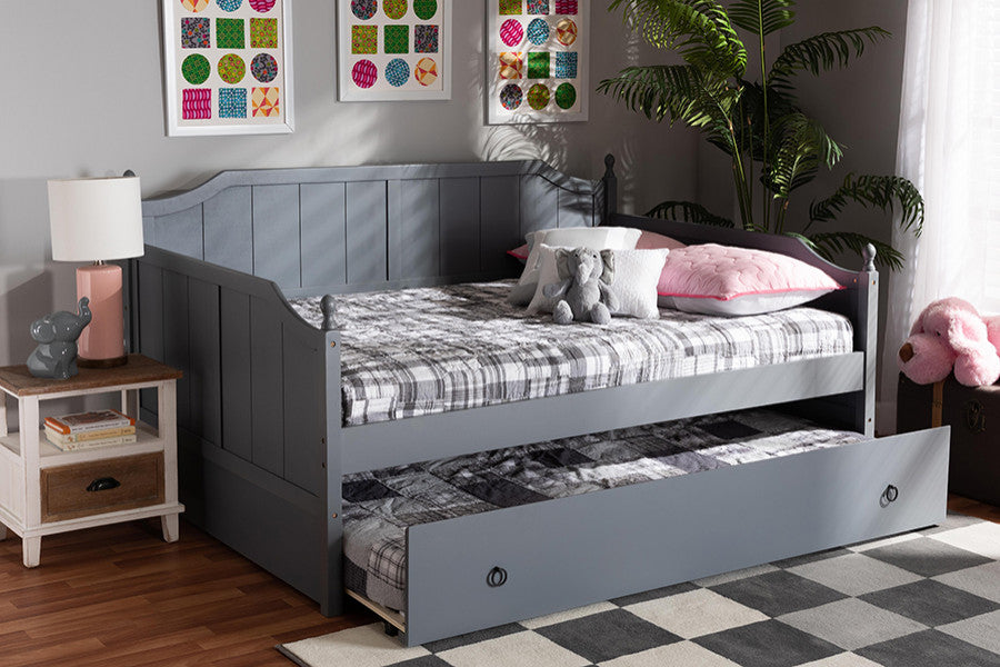 Lainey Traditional Farmhouse Full Daybed With Twin Trundle, Gray