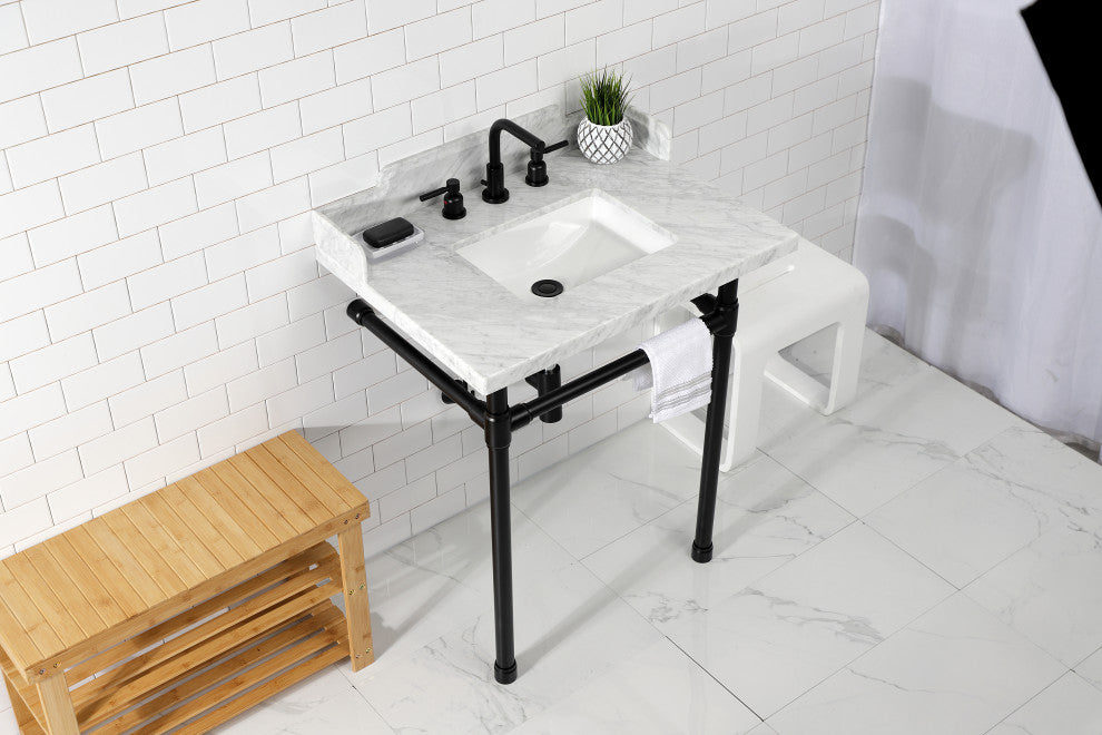 Kingston Brass LMS30M8SQ0ST 30" Carrara Marble Console Sink, Legs