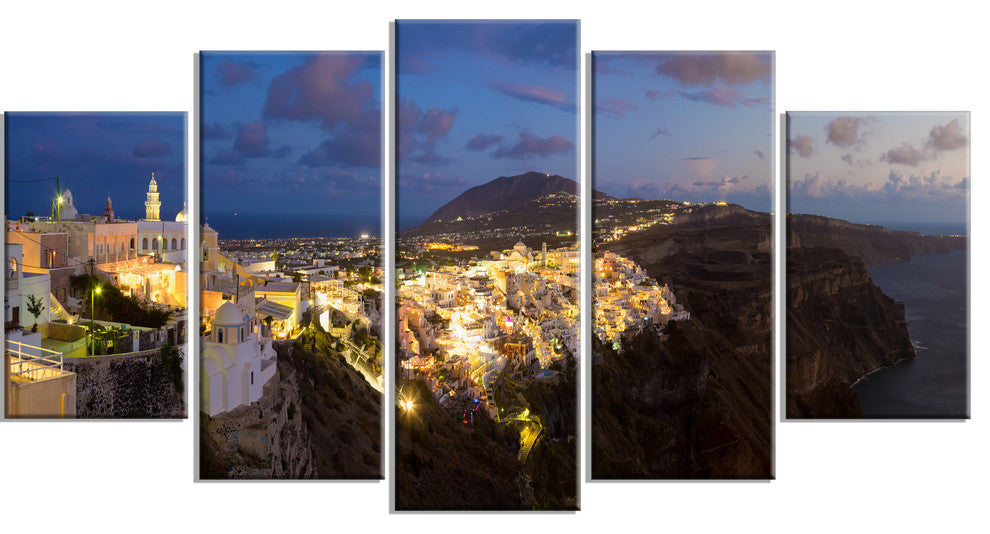"Thira Santorini Greece Panorama" Landscape Print Wall Art, 5 Panels, 60"x32"
