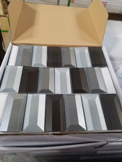 Illusion 2"x4" Beveled Glass Rectangle Mosaic Tile,Gray, Set of 9