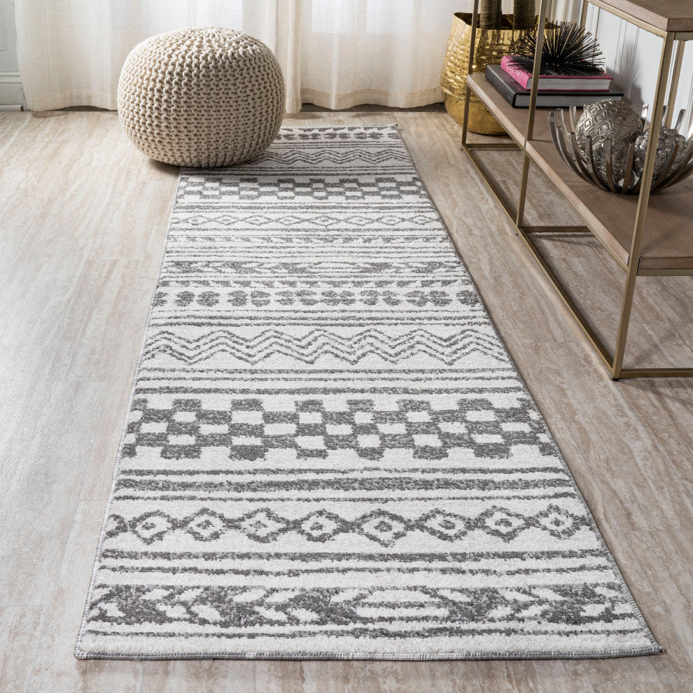 Imlil Tribal Geometric Stripe Light Gray/Cream Rug, 2'x10' Runner