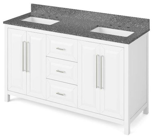 Cade Transitional 60" White Double Sink Vanity, Boulder Cultured Marble Vanity T