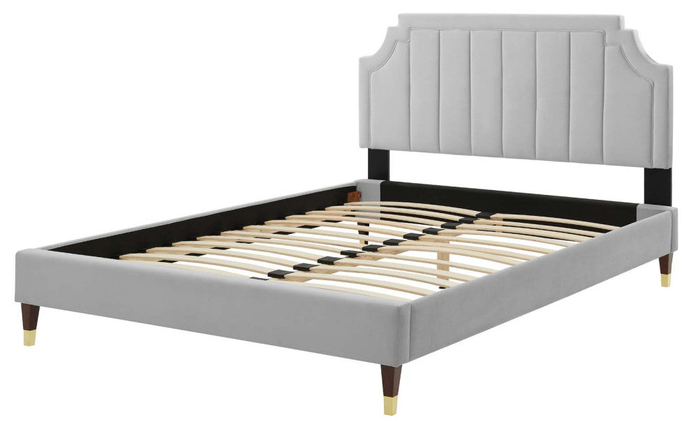Platform Bed Frame, King Size, Velvet, Light Gray, Modern Contemporary