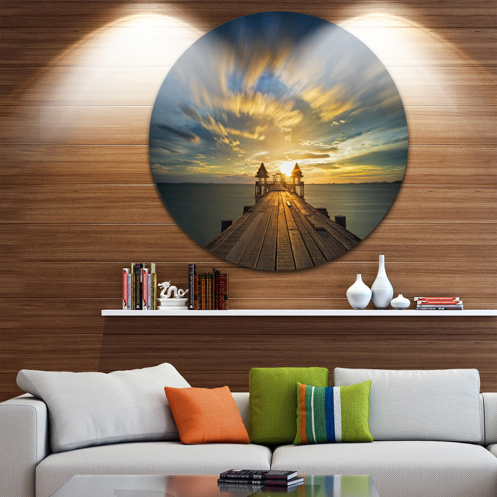 Wooden Bridge Under Dramatic Sky, Seascape Disc Metal Wall Art, 36"