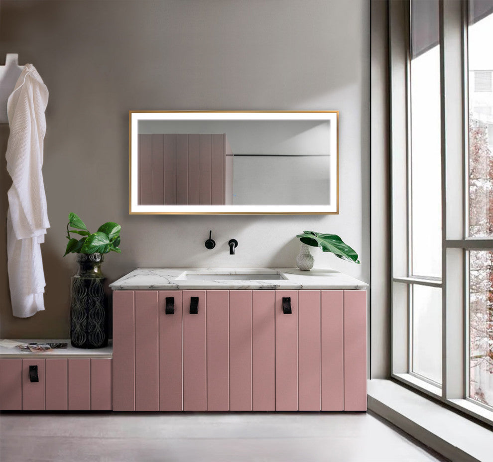LED Lighted Bathroom Frame Mirror With Defogger, Gold, 60"x30