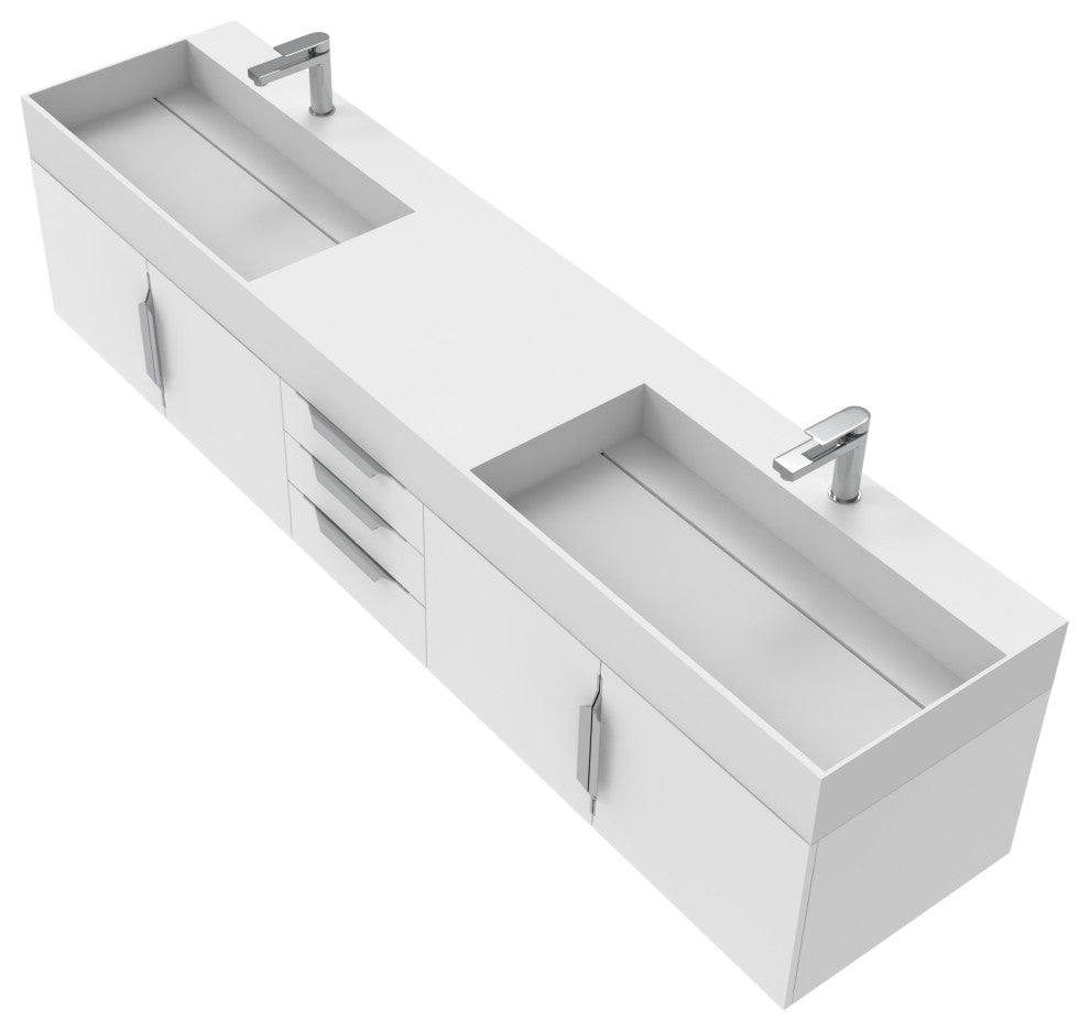 CastelloUSA Amazon 84" Wall Mounted Bathroom Vanity Set, White, White Top, Chrome Handles