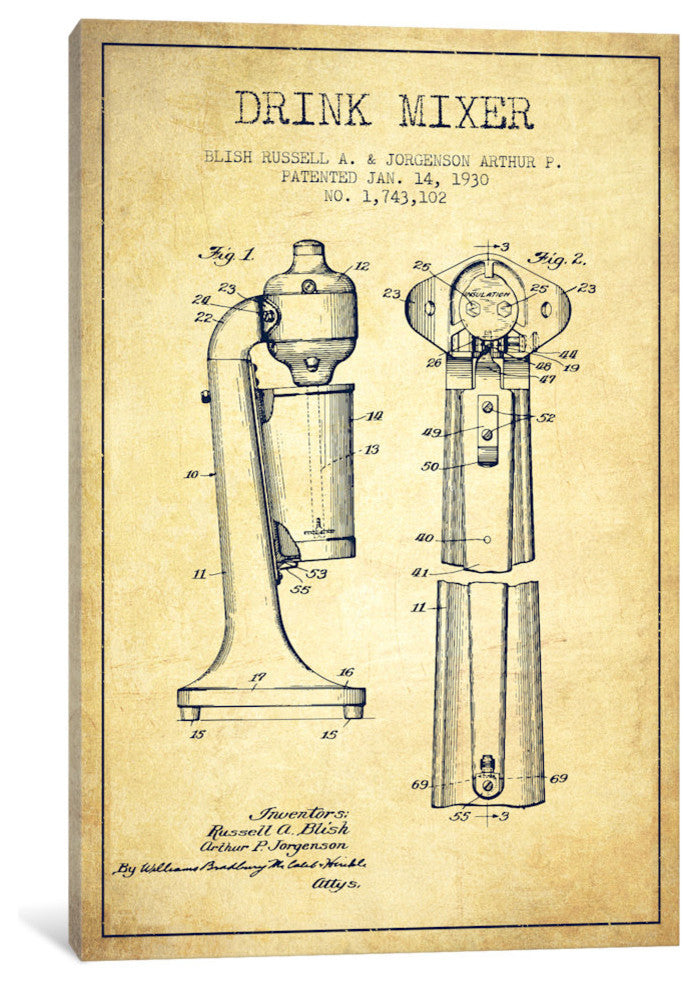 "Drink Mixer Vintage Patent Blueprint" by Aged Pixel, Canvas Print, 18"x12"