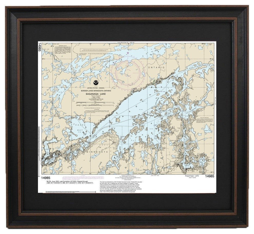 Framed Nautical Chart, Saganaga Lake, Minnesota, 24x21