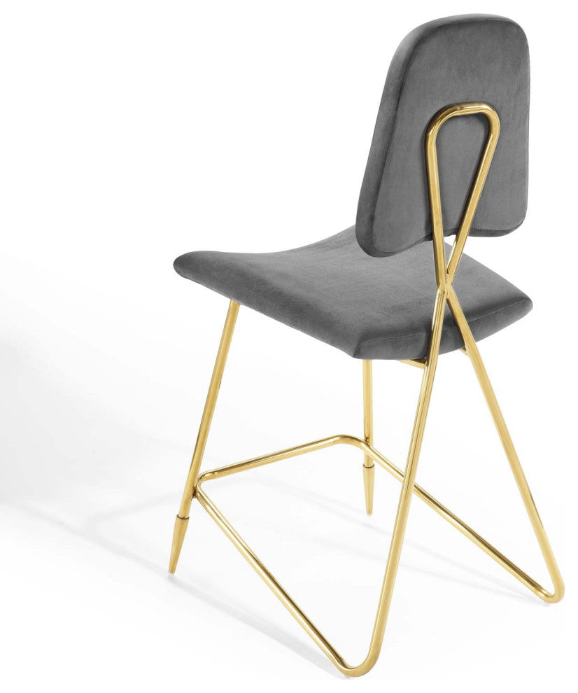 Counter Stool Chair, Set of 2, Velvet, Metal, Gray, Modern, Bar Pub Bistro
