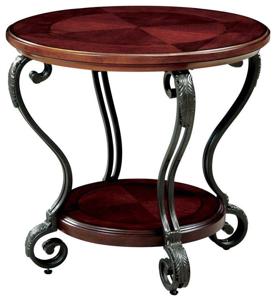 Round Wood And Metal End Table With Scroll Details, Brown