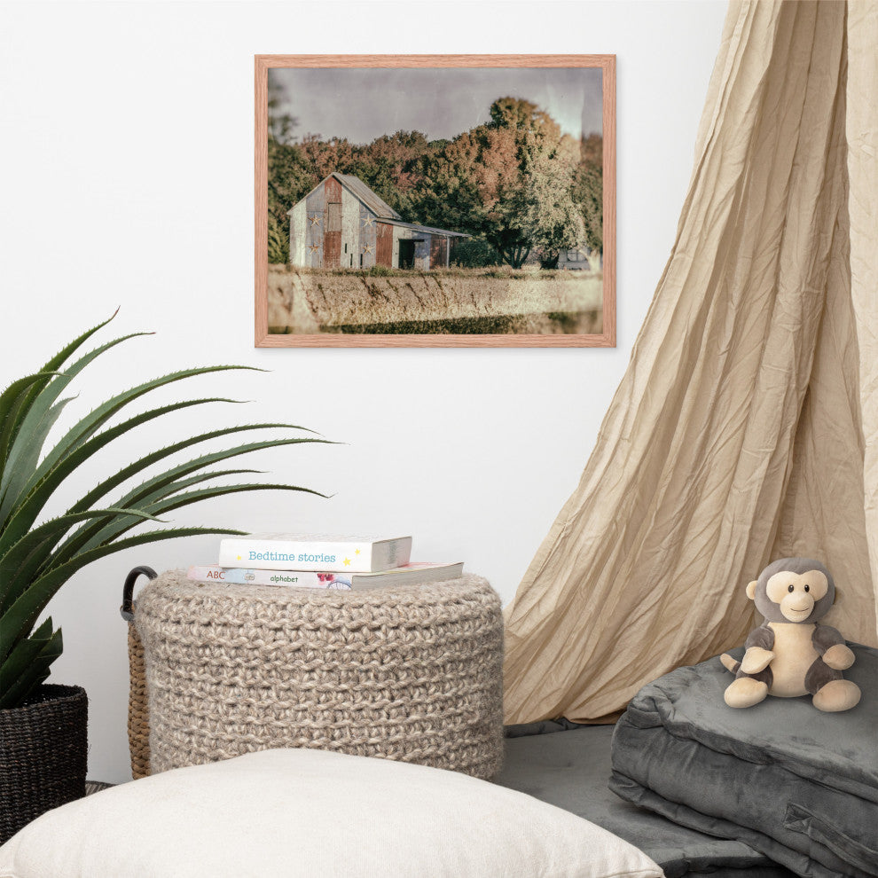 Patriotic Weathered Barn in Field Glass Plate Framed Photo Paper Wall Art Prints, Red Oak, 16" X 20"