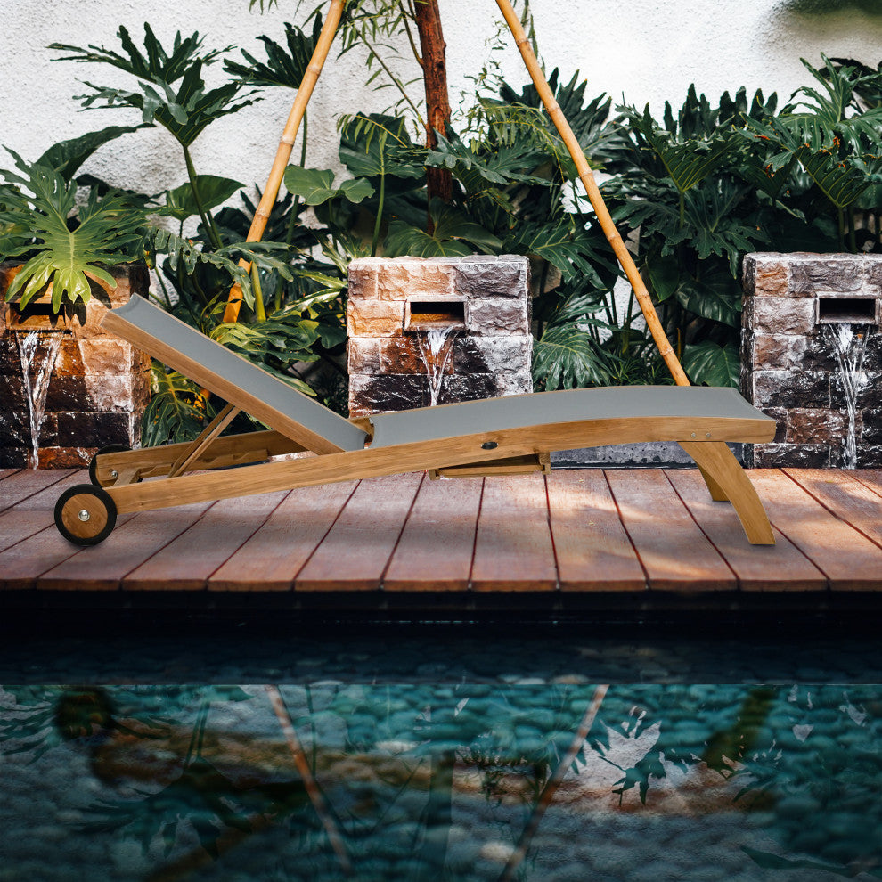 Teak Wood Bahama Pool Lounger With Batyline Mesh, Grey
