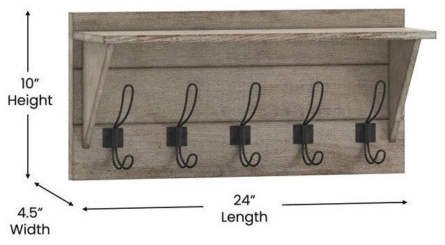 Daly Wall Mounted Solid Pine Wood Storage Rack With Upper Shelf and 5 Hooks, Rustic Brown