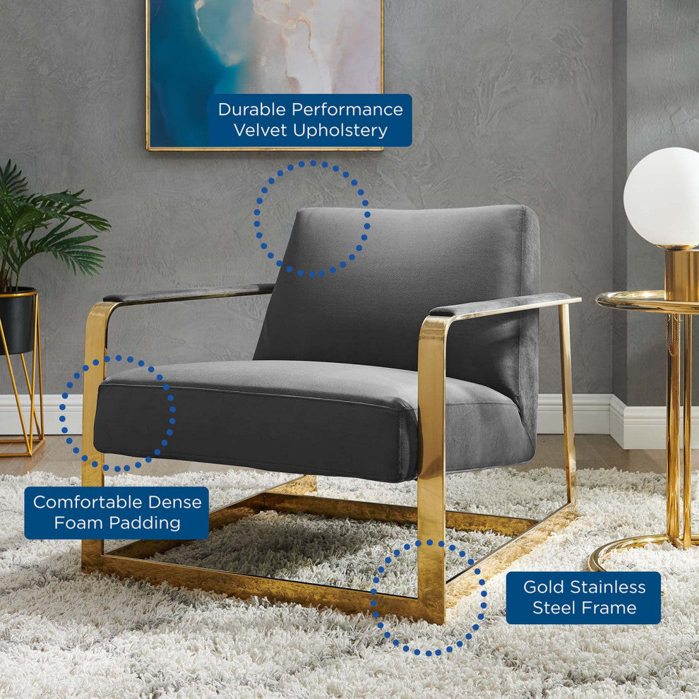 Accent Chair, Velvet, Metal, Gold Gray, Modern, Living Lounge Hospitality