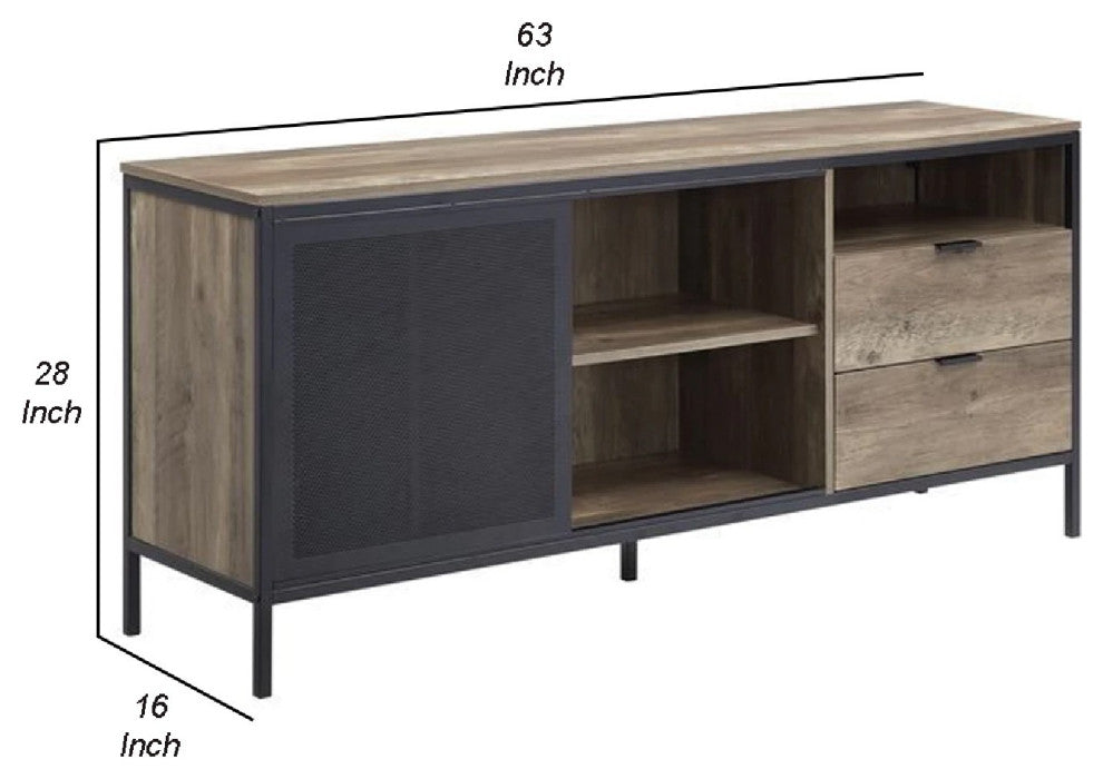 Benzara BM266445 TV Stand With Metal Frame, Rustic Oak Brown and Black
