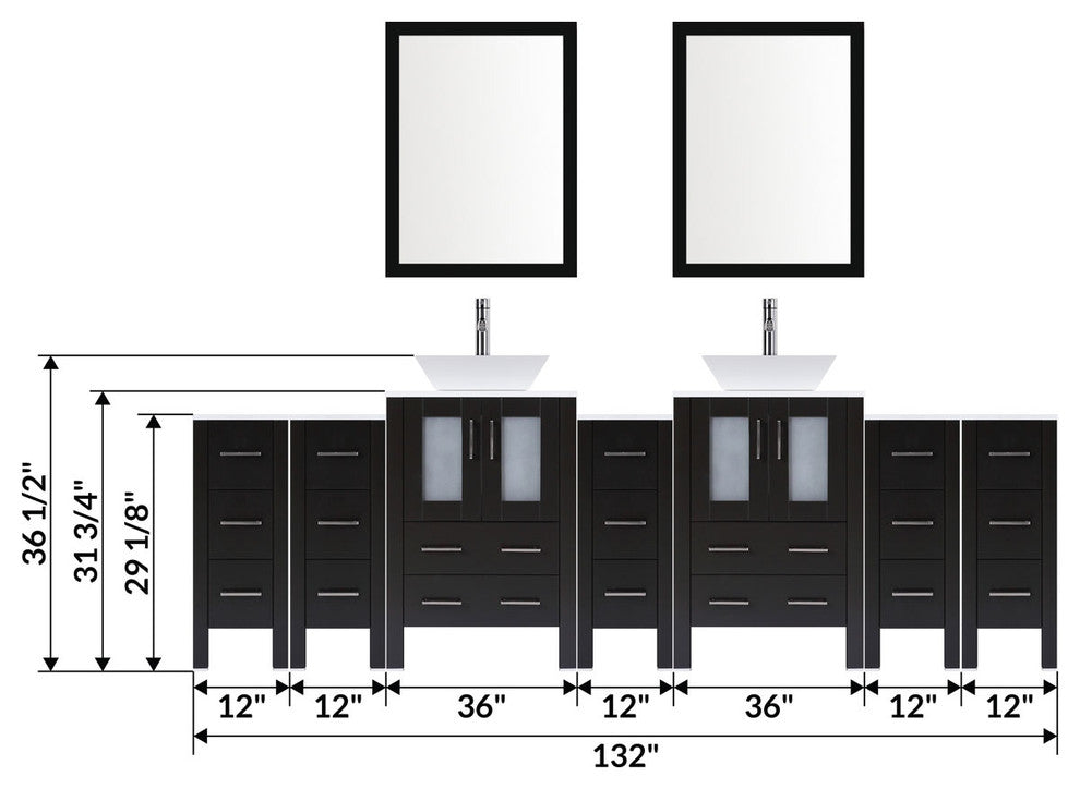 Modern Vanity Set With Two Sink Bases With Mirrors and Five Drawer Bases, Espres