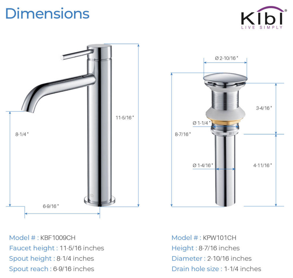Circular Brass Single Handle Bathroom Faucet KBF1009, Chrome, With Drain