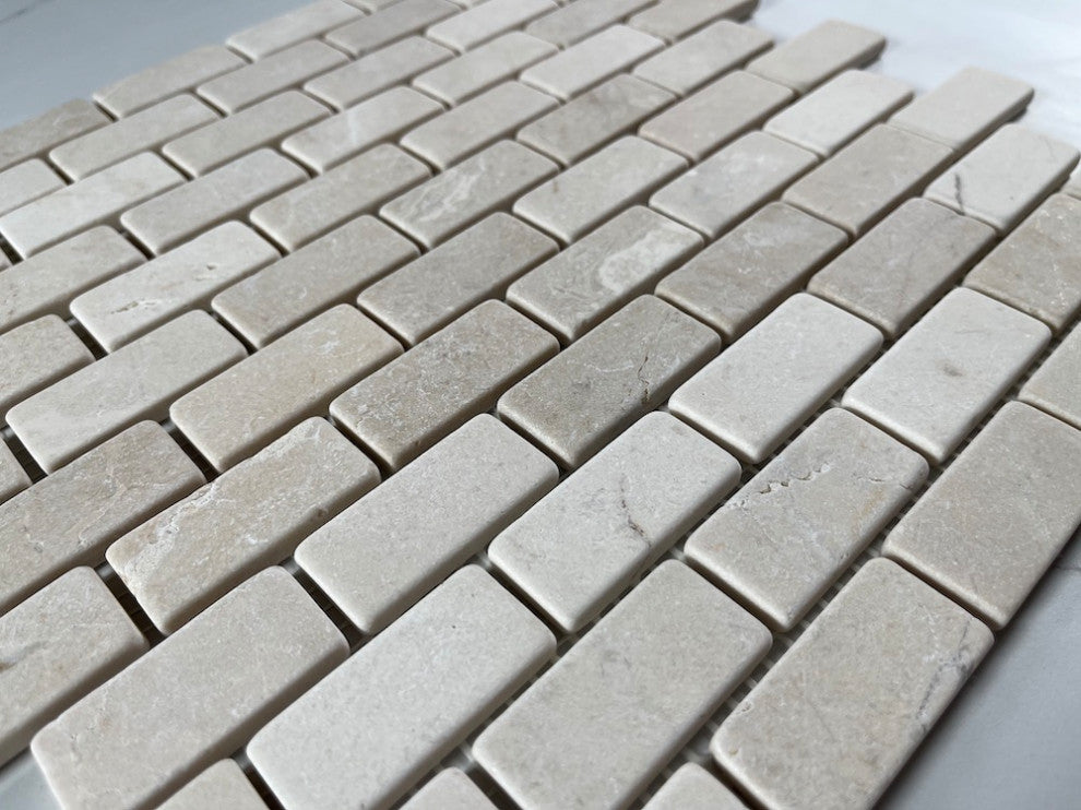 Tumbled Crema Marfil Marble 1x2 Brick Subway Antique Mosaic Tile, 1 sheet