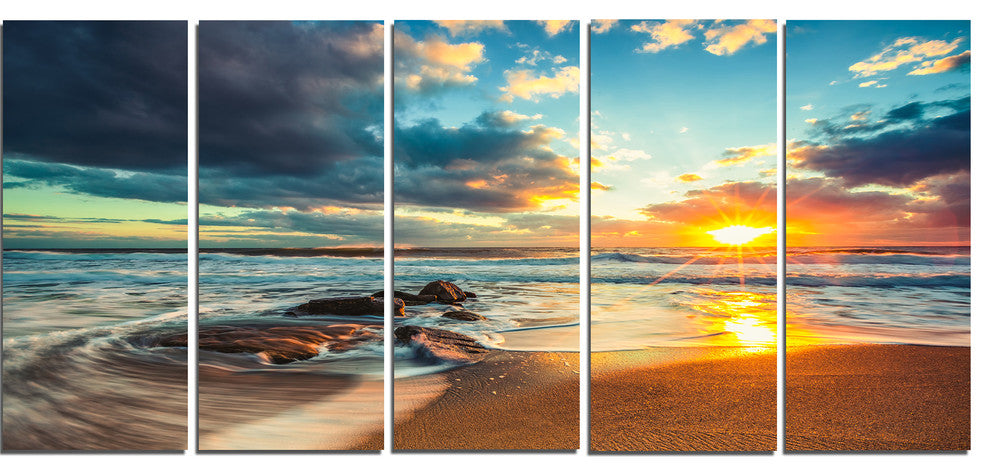 "Beautiful Cloudscape Over The Sea" Modern Beach Wall Art, 5 Panels, 60"x28"