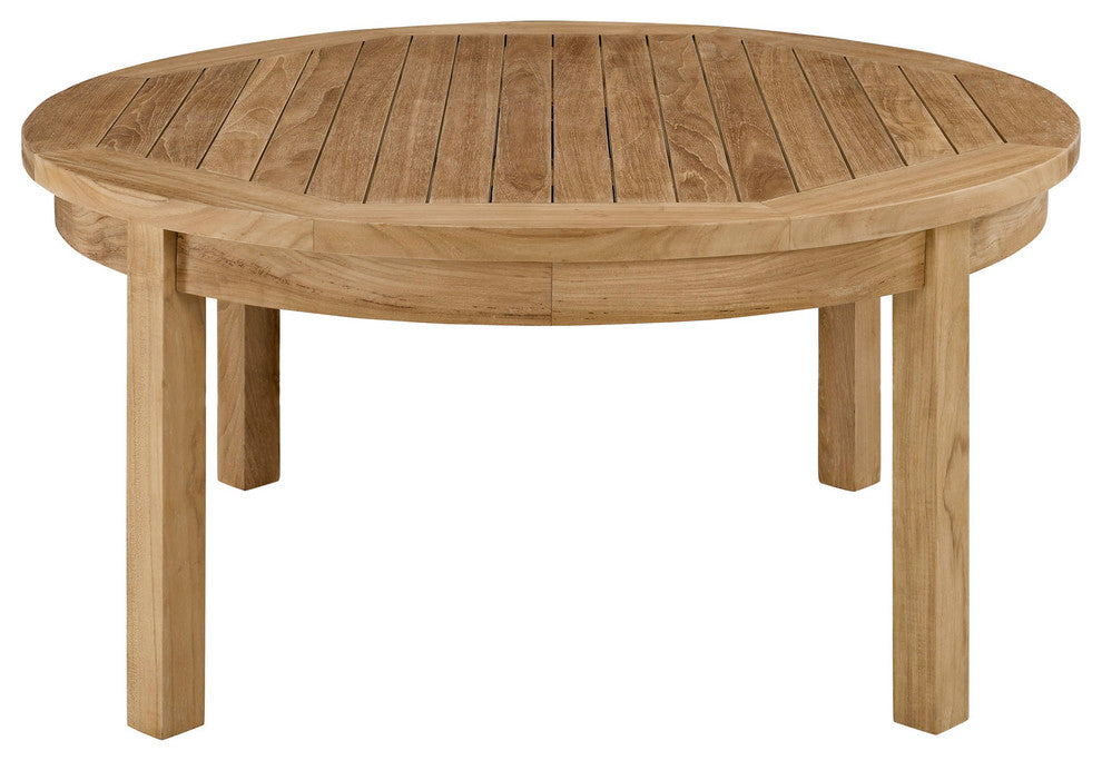 Modern Contemporary Outdoor Patio Teak Round Coffee Table, Natural Wood