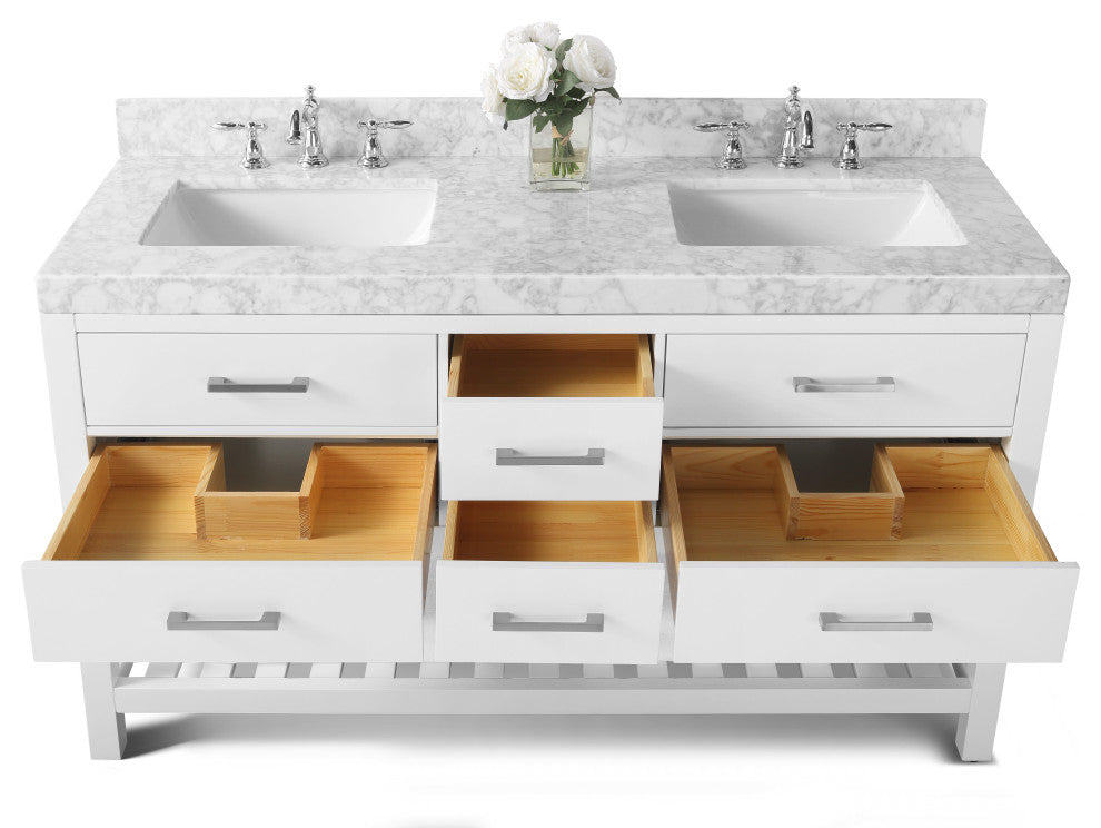 Arcadia Bath Vanity, White, 60", Brushed Nickel Hardware, Double, Freestanding
