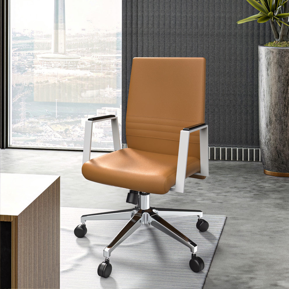 LeisureMod Aleen Upholstered Leather Office Chair With Swivel and Tilt, Acorn Brown