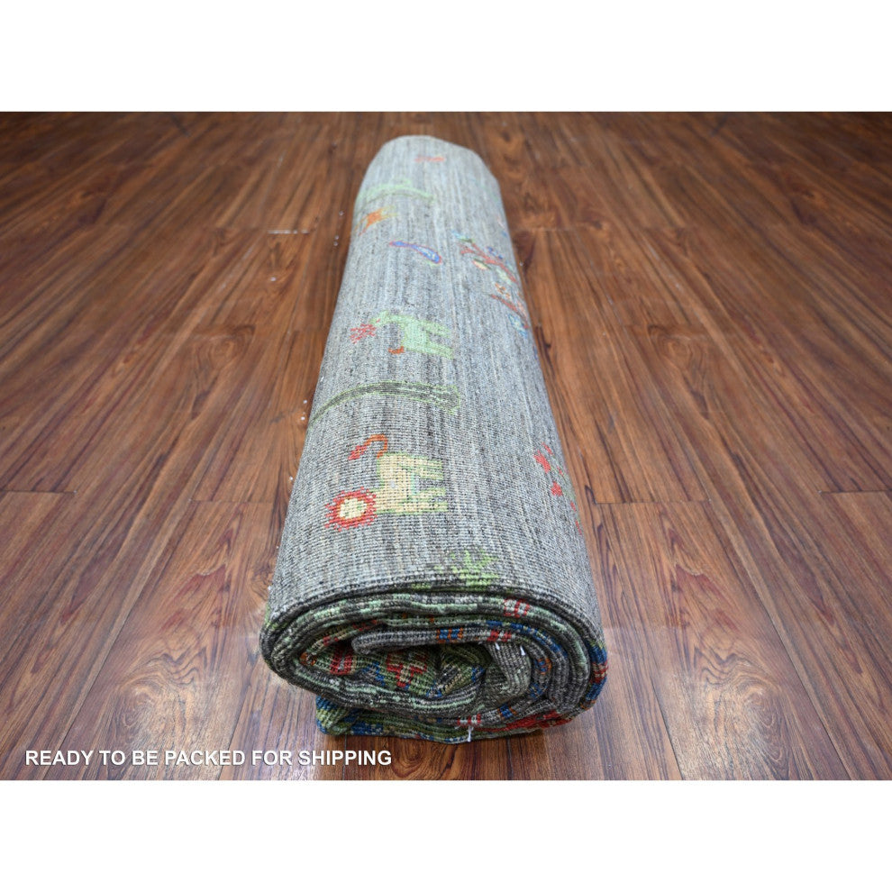Wolf Gray Folk Art Willow Cypress Tree Design Wool Hand Knotted Rug 7'11"x9'5"
