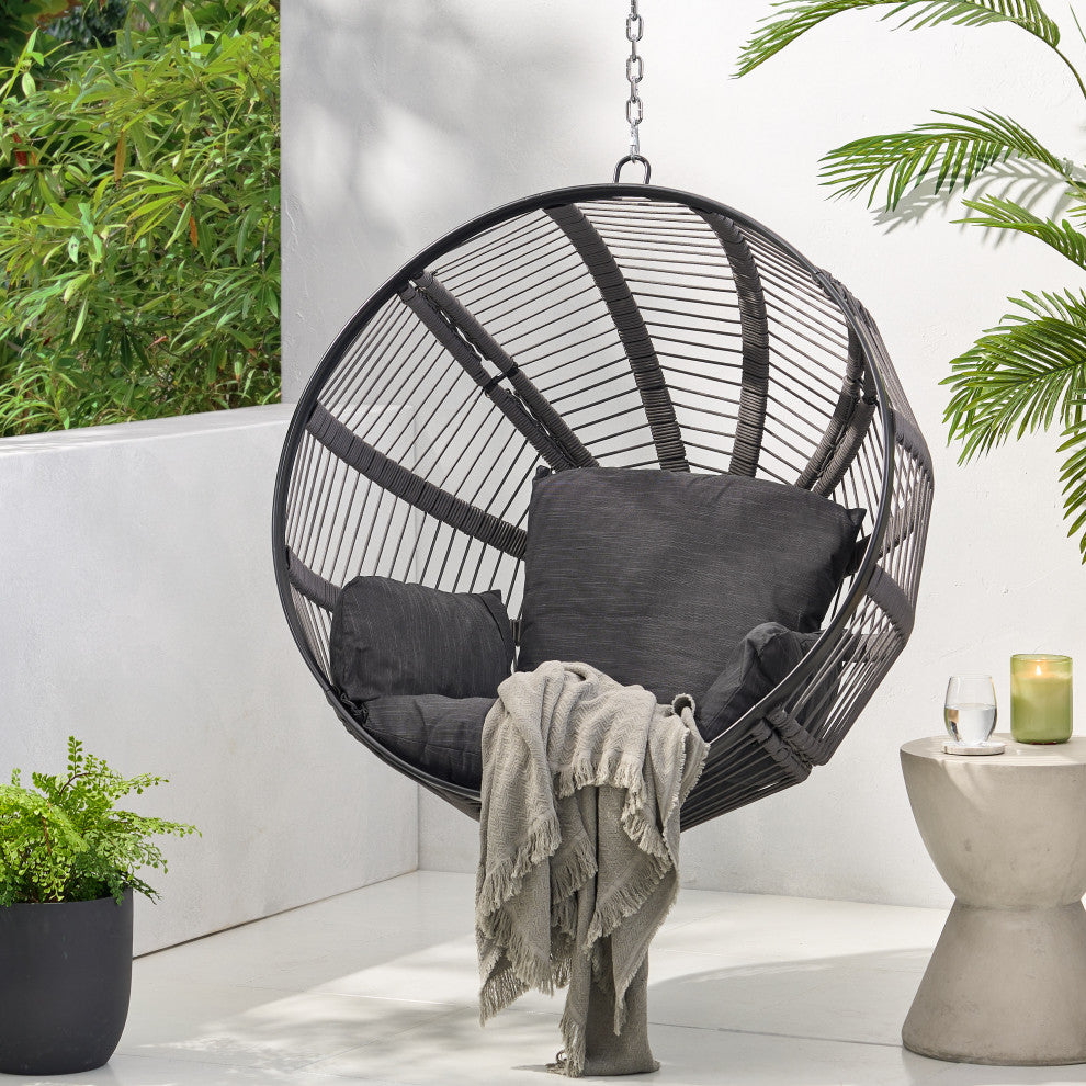 Therese Outdoor/Indoor Rope Weave Hanging Chair With 8 Foot Chain, NO STAND, Gray + Black