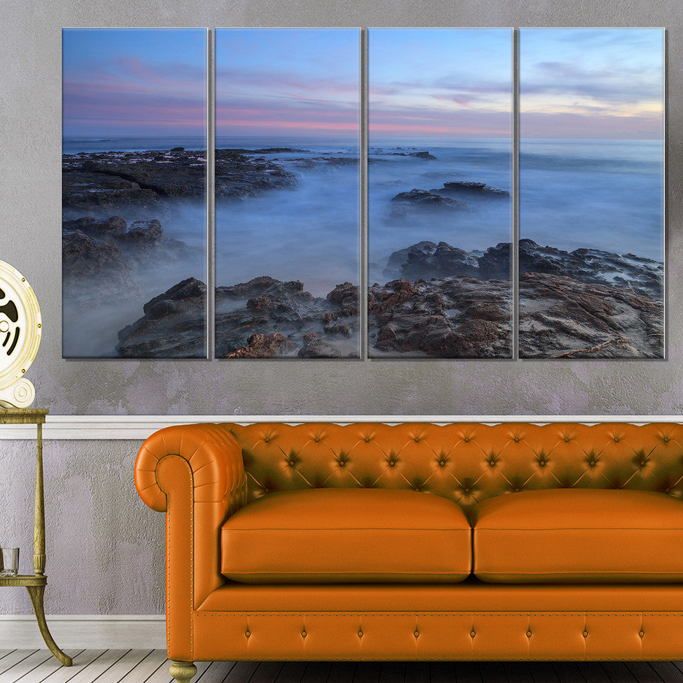 "Long Exposure At Sunset Over Rocks" Modern Beach Wall Art, 4 Panels, 48"x28"