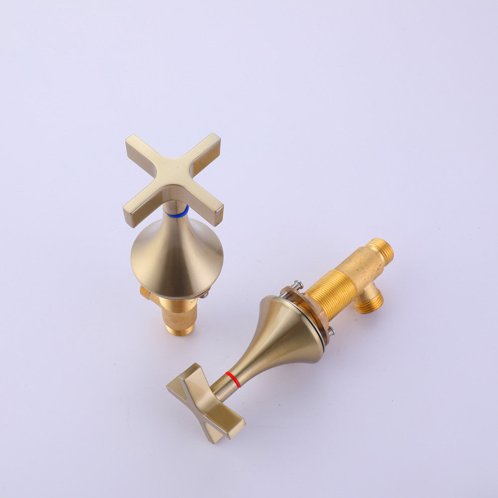 Deck Mounted Dual Cross Handles Bathroom Sink Faucet, Brushed Gold