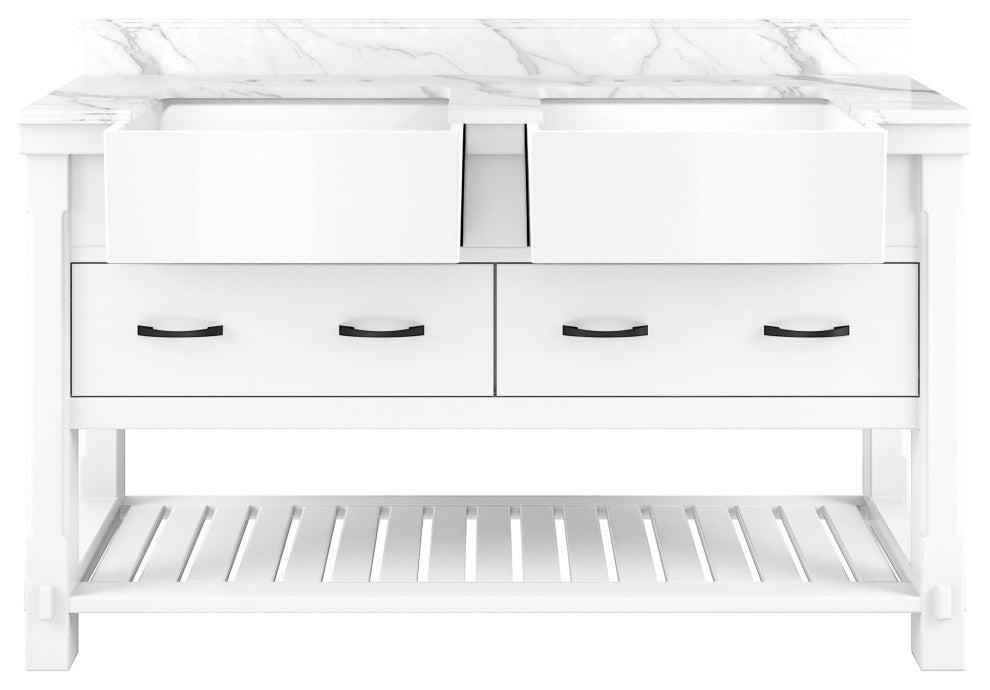 Freestanding Bath Vanity in White with White Quartz Top, 60in