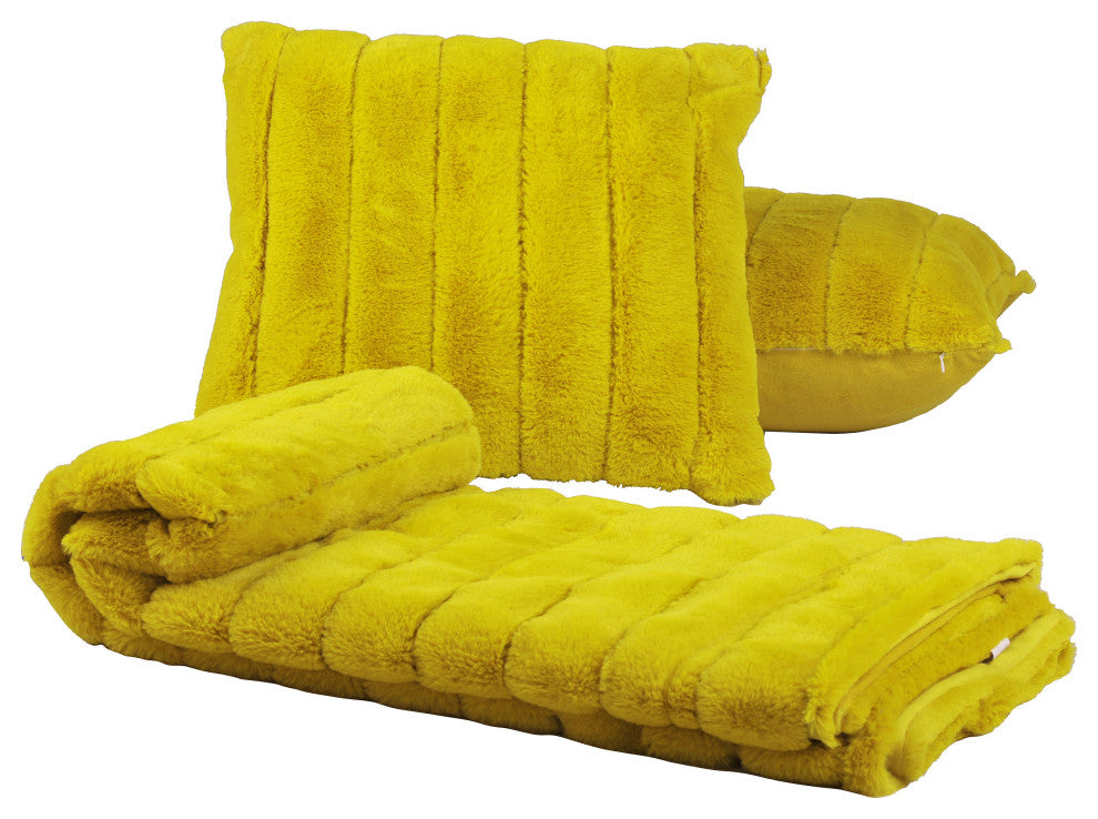 BOON Rabbit Jumbo Fur Throw and Pillow, 3-Piece Set, Lemon Curry
