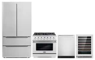 4-Piece, 36" Range, 24" Dishwasher, Refrigerator and 48 Bottle Wine Cooler